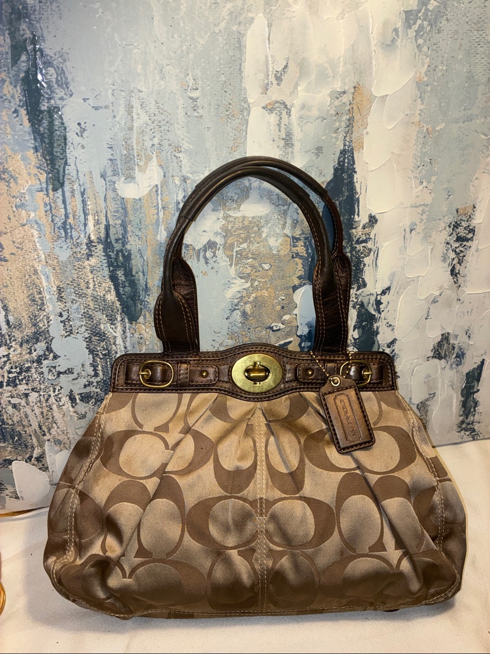 Genuine Coach  Garnet Tan and Brown Signature Satchel Sateen